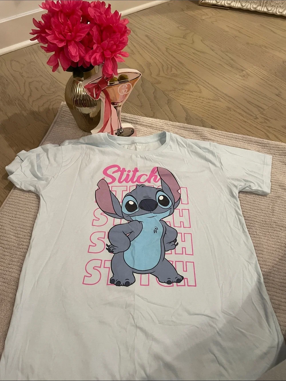 Disney Light Blue Kids Tee with Stitch Graphic and Pink Accents